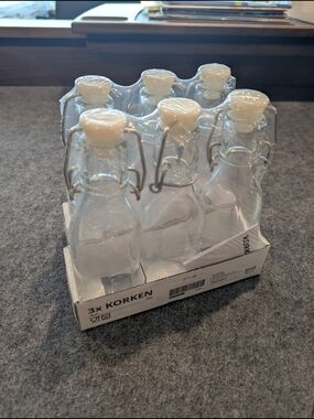 IKEA Clear Glass KORKEN Bottles with White Swing Stoppers (Set of 6)